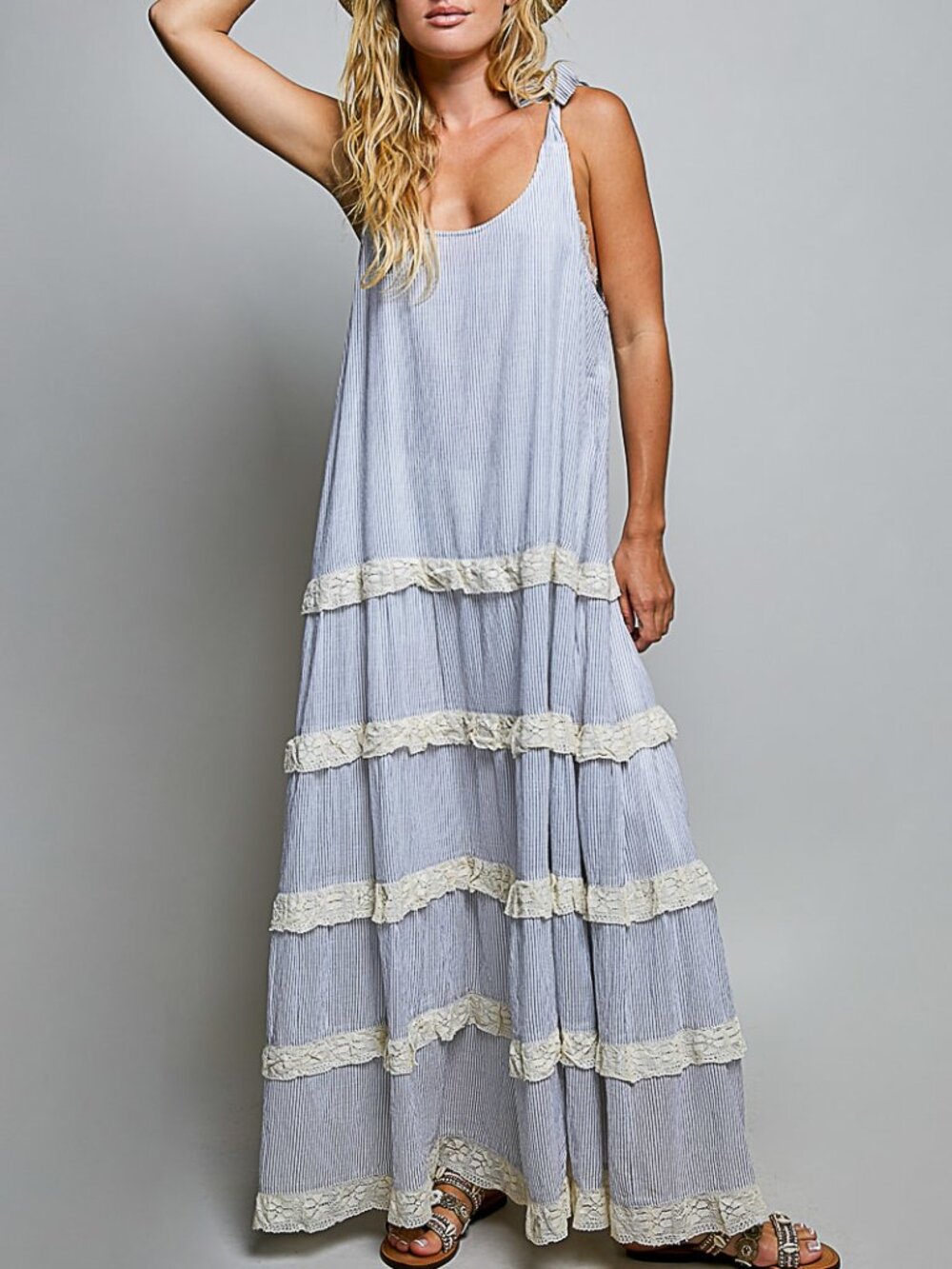 POL COTTON WOVEN MAXI-STRIPED TIERED LACE, SHOULDER STRAPS